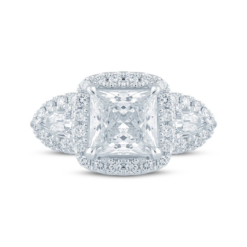 Main Image 4 of Monique Lhuillier Bliss Princess-Cut Lab-Grown Diamond Halo Three-Stone Engagement Ring 2-3/4 ct tw 18K White Gold