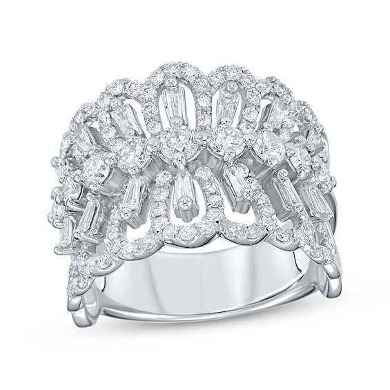 Baguette & Round-Cut Diamond Scalloped Fashion Ring 1-1/2 ct tw 10K White Gold