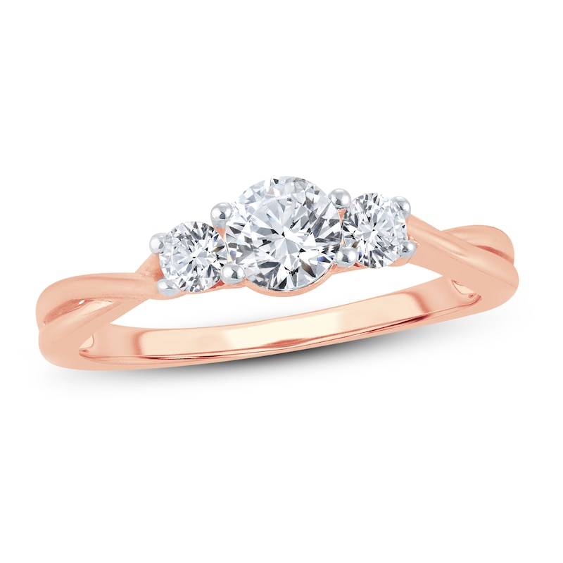 Main Image 1 of Memories Moments Magic 3-Stone Diamond Engagement Ring 3/4 ct tw Round-cut 14K Rose Gold