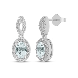 Oval-Cut Aquamarine & White Lab-Created Sapphire Halo Drop Earrings Sterling Silver