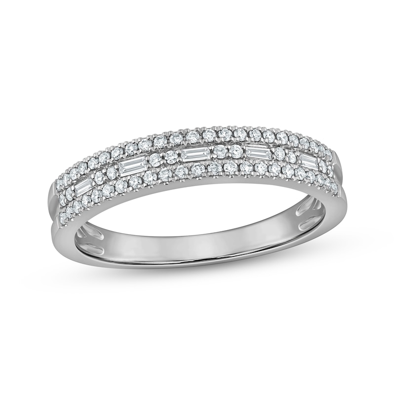 Main Image 1 of Now + Forever Round and Baguette-Cut Three-Row Diamond Anniversary Ring 1/4 ct tw 14K White Gold