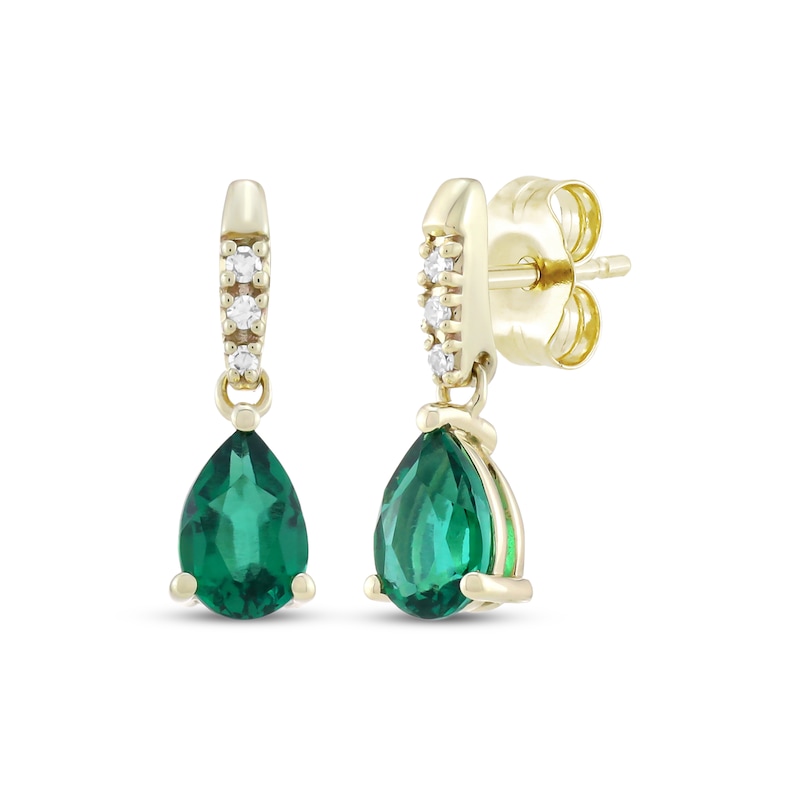 Main Image 1 of Pear-Shaped Lab-Created Emerald & Diamond Accent Drop Earrings 10K Yellow Gold