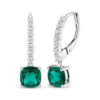 Cushion-Cut Lab-Created Emerald & White Lab-Created Sapphire Drop Earrings Sterling Silver