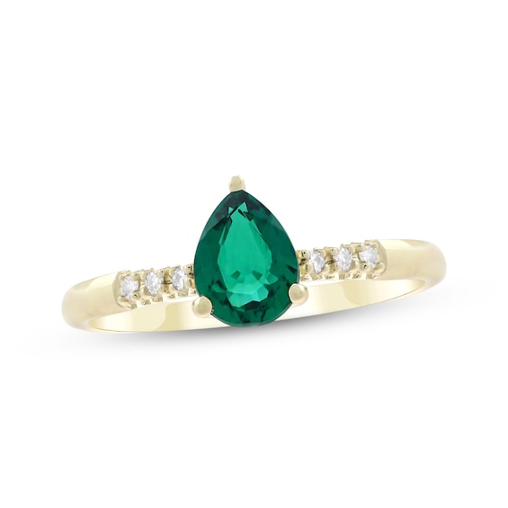 Pear-Shaped Lab-Created Emerald & Diamond Accent Ring 10K Yellow Gold