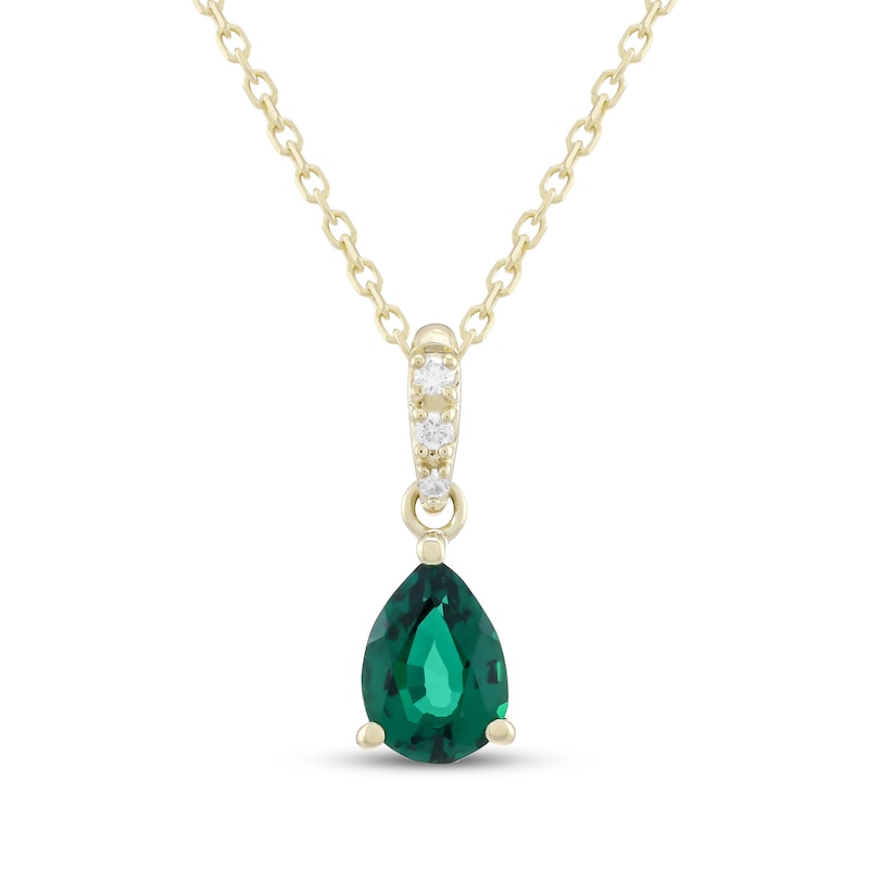Main Image 1 of Pear-Shaped Lab-Created Emerald & Diamond Accent Necklace 10K Yellow Gold 18"