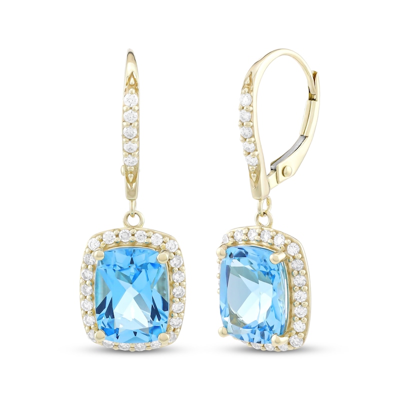 Main Image 1 of KAY Lab-Grown Diamonds Cushion-Cut Natural Swiss Blue Topaz Halo Dangle Earrings 3/8 ct tw 10K Yellow Gold