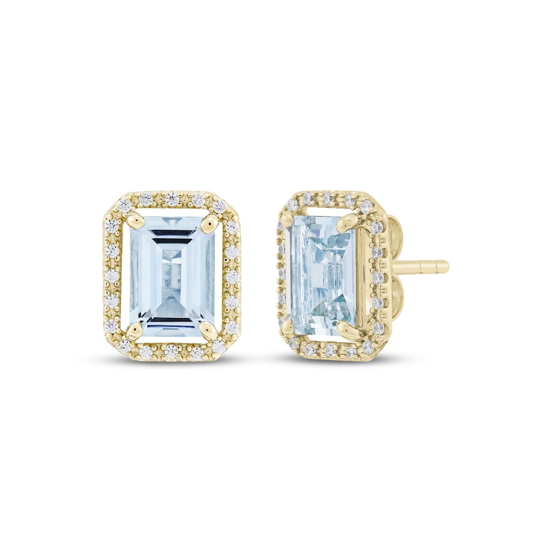 Main Image 1 of KAY Lab-Grown Diamonds Emerald-Cut Natural Aquamarine Halo Stud Earrings 1/10 ct tw 10K Yellow Gold