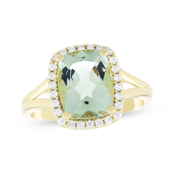 KAY Lab-Grown Diamonds Cushion-Cut Natural Green Quartz Halo Fashion Ring 1/5 ct tw 10K Yellow Gold