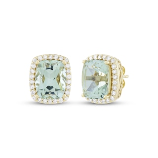 KAY Lab-Grown Diamonds Cushion-Cut Natural Green Quartz Halo Stud Earrings 1/3 ct tw 10K Yellow Gold