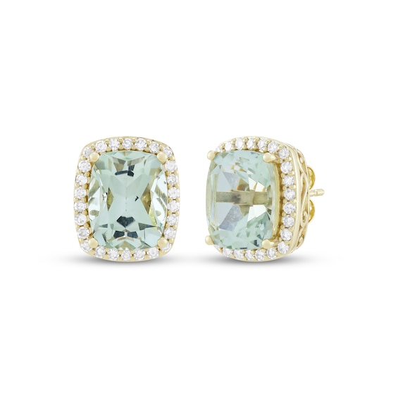 KAY Lab-Grown Diamonds Cushion-Cut Natural Green Quartz Halo Stud Earrings 1/3 ct tw 10K Yellow Gold