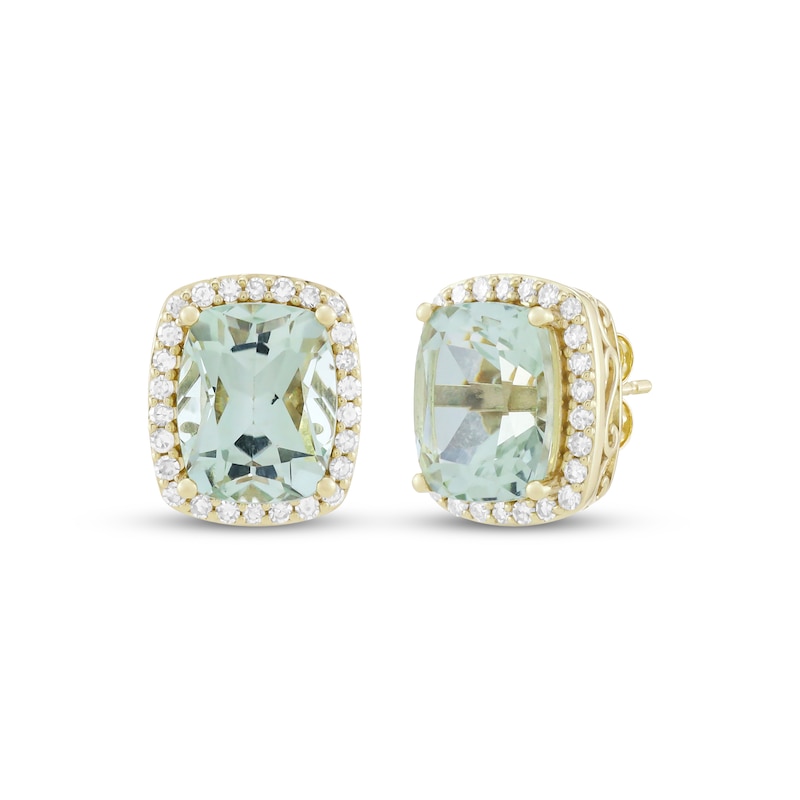 Main Image 1 of KAY Lab-Grown Diamonds Cushion-Cut Natural Green Quartz Halo Stud Earrings 1/3 ct tw 10K Yellow Gold