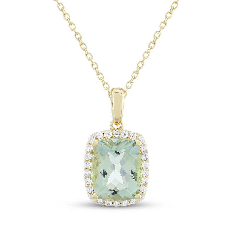 Main Image 1 of KAY Lab-Grown Diamonds Cushion-Cut Natural Green Quartz Halo Necklace 1/5 ct tw 10K Yellow Gold 18"