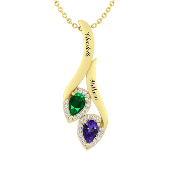 Couple's Halo Pear Birthstone Necklace (2 Stones and Lines)