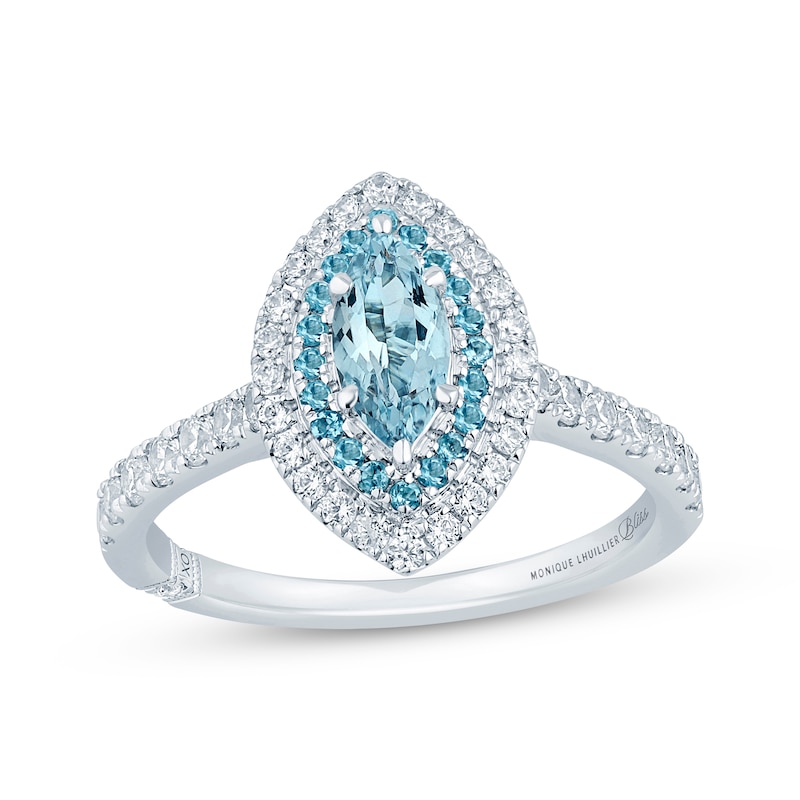 Monique Lhuillier Bliss Marquise-Cut Aquamarine, Swiss Blue Topaz & Diamond Engagement Ring 5/8 ct tw 14K White Gold