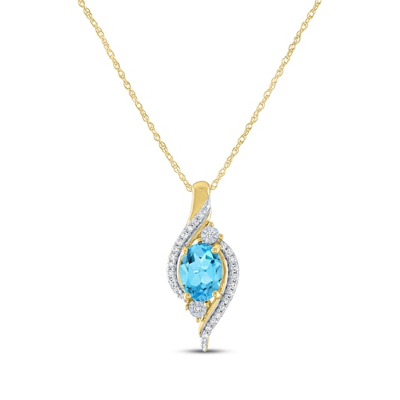 Oval-Cut Sky Blue Topaz & Diamond Swirl Necklace 1/15 ct tw 10K Yellow Gold 18"