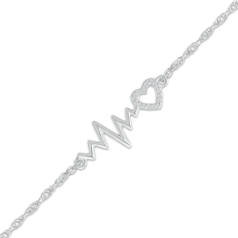 Diamond Accent Heartbeat & Heart Anklet Sterling Silver 10"