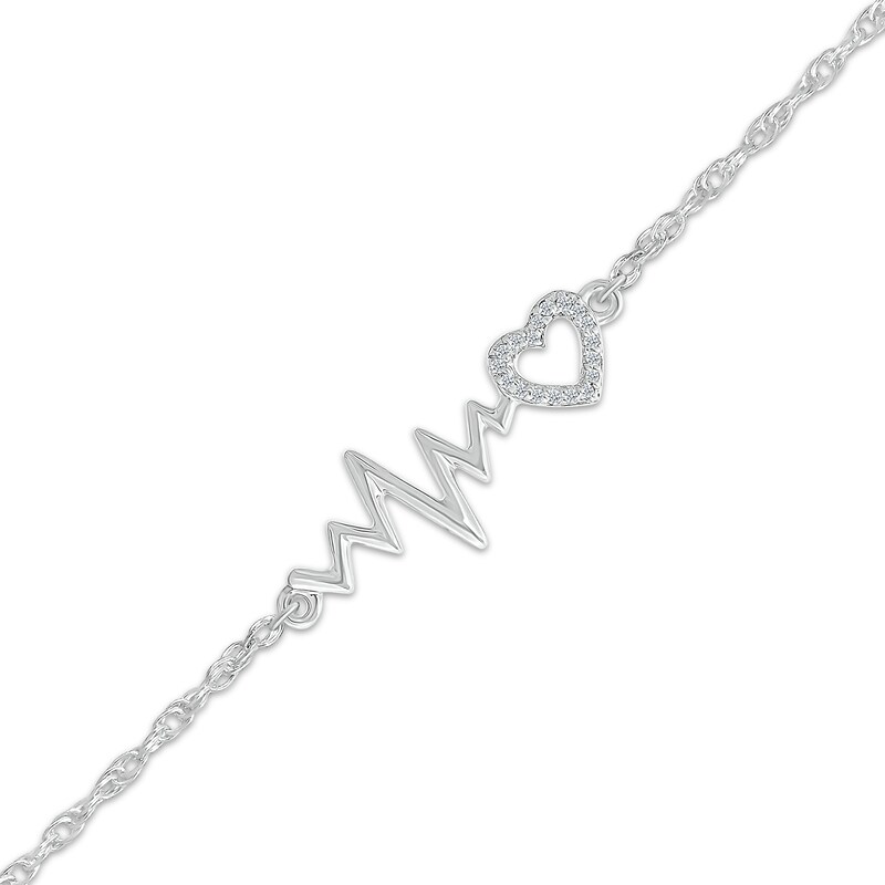 Diamond Accent Heartbeat & Heart Anklet Sterling Silver 10"