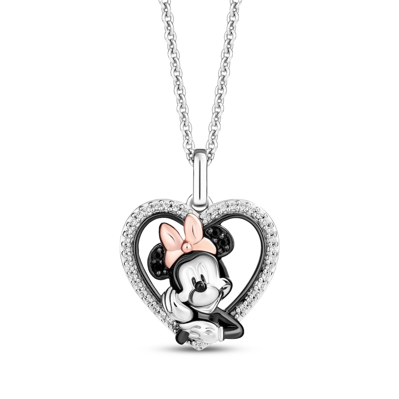 Disney's Minnie Mouse Black & White Diamond Heart Necklace 1/8 ct tw Sterling Silver & 10K Rose Gold 19"