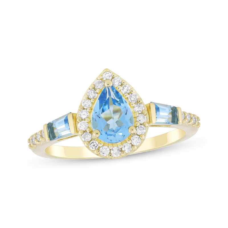 Main Image 1 of Pear-Shaped Natural Swiss Blue Topaz & Diamond Ring 1/5 ct tw 10K Yellow Gold