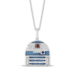 Star Wars R2-D2 Blue Sapphire, Garnet & Diamond Necklace 1/8 ct tw Sterling Silver 18"