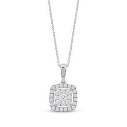 Multi-Diamond Pavé Cushion-Shaped Halo Necklace 1/2 ct tw 10K White Gold 18"