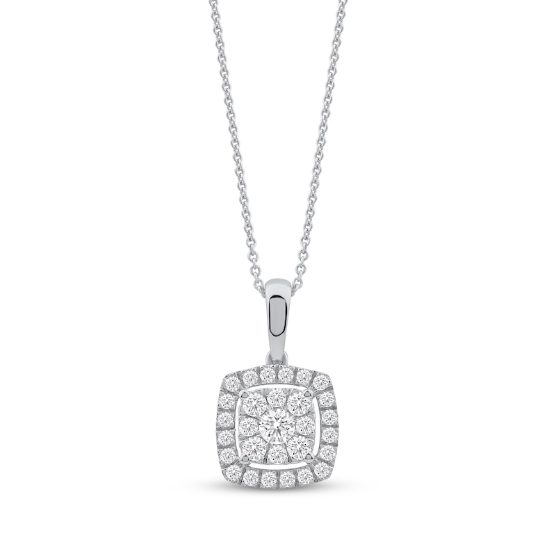 Main Image 1 of Multi-Diamond Pavé Cushion-Shaped Halo Necklace 1/2 ct tw 10K White Gold 18&quot;