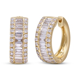 Baguette & Round-Cut Diamond Huggie Hoop Earrings 1 ct tw 14K Yellow Gold