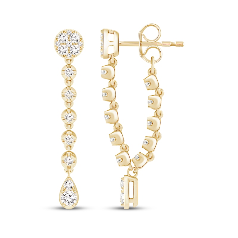 Main Image 1 of Multi-Diamond Front-Back Chain Dangle Earrings 1/2 ct tw 10K Yellow Gold