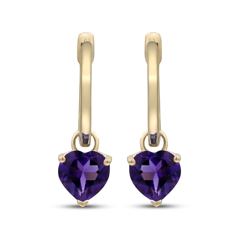 Main Image 2 of Heart-Shaped Amethyst Drop Hoop Earrings 10K Yellow Gold