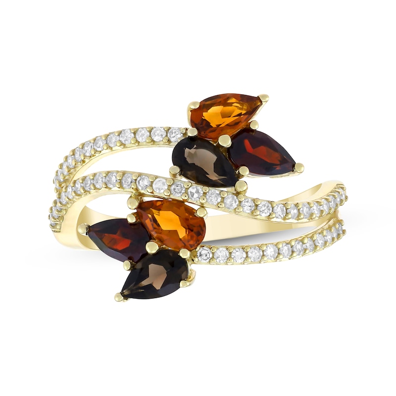 Main Image 1 of Pear-Shaped Smoky Quartz, Garnet & Madeira Citrine Bypass Ring 1/4 ct tw 10K Yellow Gold