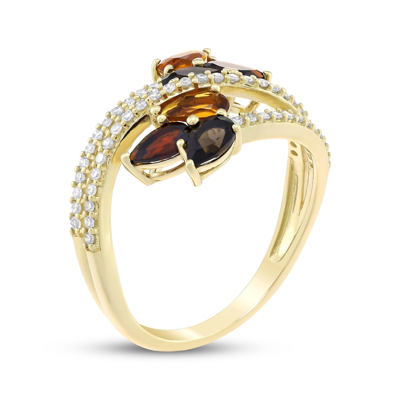Main Image 2 of Pear-Shaped Smoky Quartz, Garnet & Madeira Citrine Bypass Ring 1/4 ct tw 10K Yellow Gold