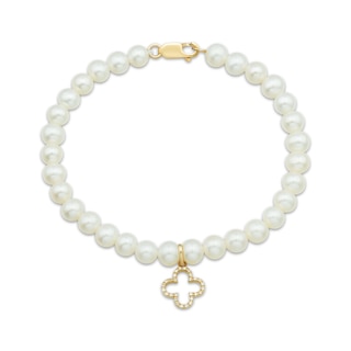 Cultured Pearl & Diamond Accent Clover Charm Bracelet 14K Yellow Gold 7"