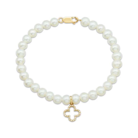 Cultured Pearl & Diamond Accent Clover Charm Bracelet 14K Yellow Gold 7"