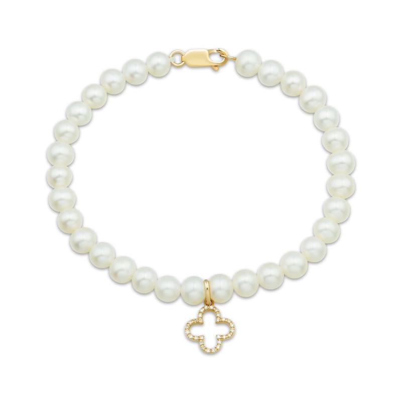Main Image 1 of Cultured Pearl & Diamond Accent Clover Charm Bracelet 14K Yellow Gold 7&quot;
