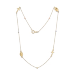 Children's Cross & Virgin Mary Charm Necklace Hollow 14K Tri-Tone Gold 14"