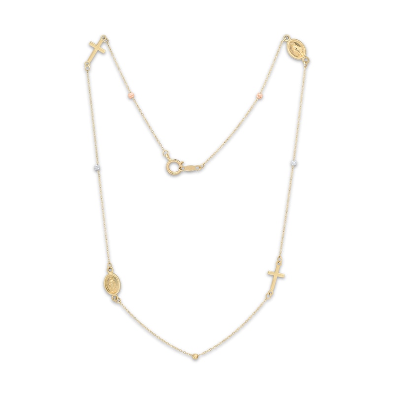 Main Image 1 of Children's Cross & Virgin Mary Charm Necklace Hollow 14K Tri-Tone Gold 14"