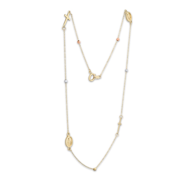 Main Image 2 of Children's Cross & Virgin Mary Charm Necklace Hollow 14K Tri-Tone Gold 14"