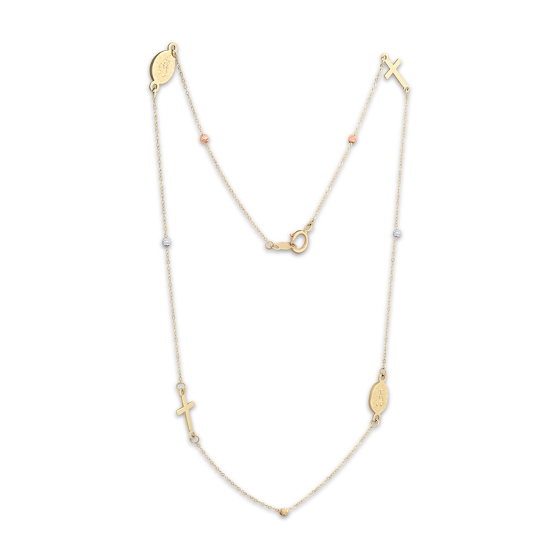 Main Image 3 of Children's Cross & Virgin Mary Charm Necklace Hollow 14K Tri-Tone Gold 14"