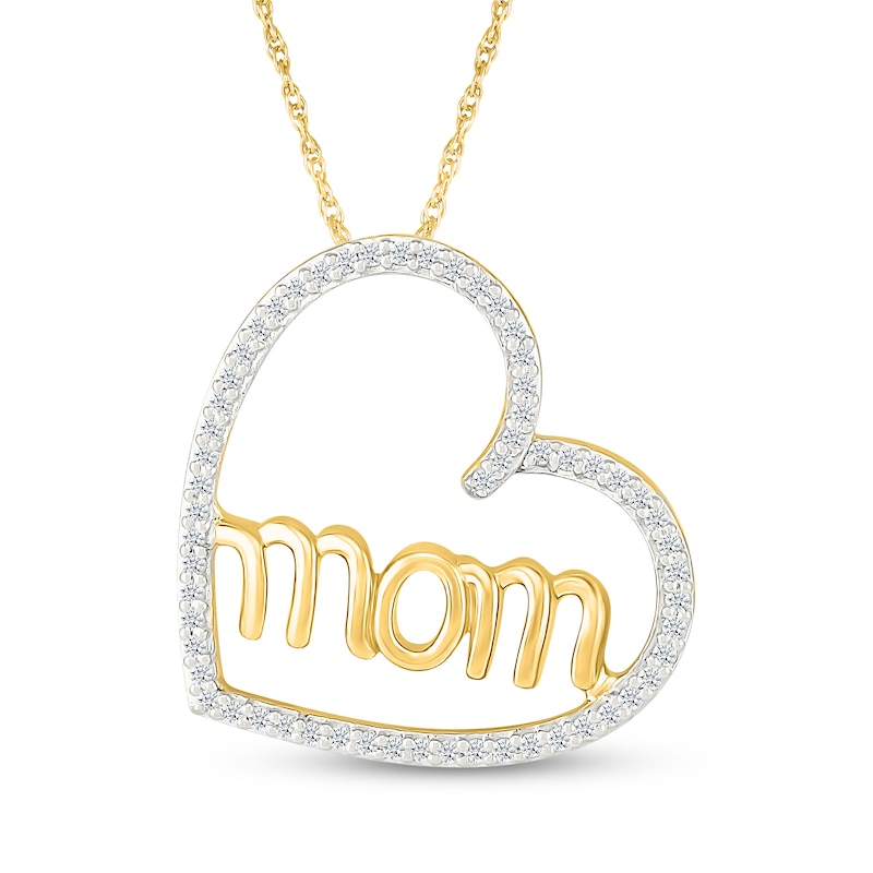 Main Image 1 of Diamond "Mom" Tilted Heart Necklace 1/6 ct tw 10K Yellow Gold 18"