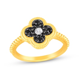Black Spinel & White Lab-Created Sapphire Clover Ring 10K Yellow Gold