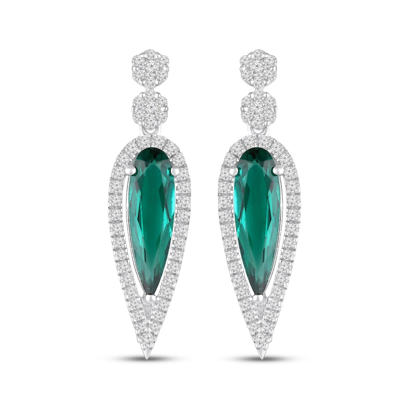Main Image 2 of Pear-Shaped Lab-Created Emerald & White Lab-Created Sapphire Drop Earrings Sterling Silver