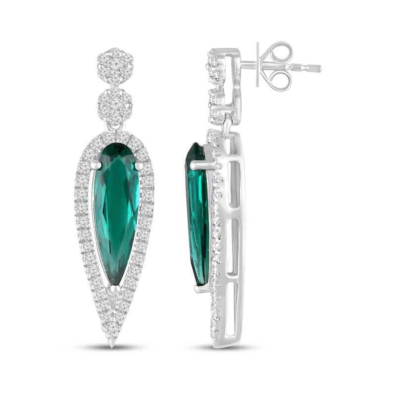 Main Image 3 of Pear-Shaped Lab-Created Emerald & White Lab-Created Sapphire Drop Earrings Sterling Silver