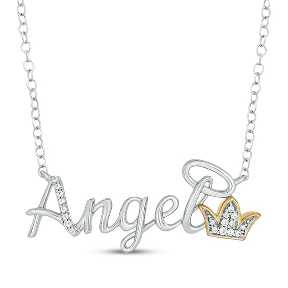 Diamond "Angel" with Crown & Halo Necklace 1/20 ct tw 10K Two-Tone Gold 18"