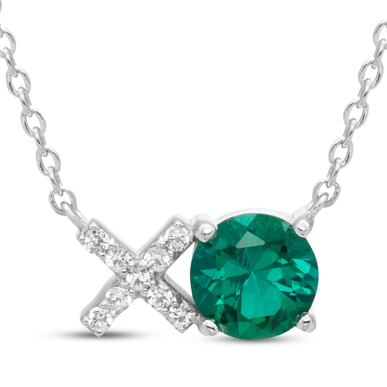 Lab-Created Emerald & White Lab-Created Sapphire "XO" Necklace Sterling Silver 18"