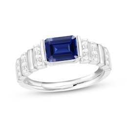 Emerald-Cut Blue Lab-Created Sapphire & White Lab-Created Sapphire Ribbed Ring Sterling Silver