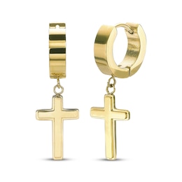 Men's Cross Dangle Huggie Hoop Earrings Yellow Ion-Plated Stainless Steel