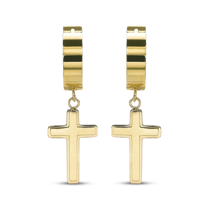 Main Image 2 of Men's Cross Dangle Huggie Hoop Earrings Yellow Ion-Plated Stainless Steel