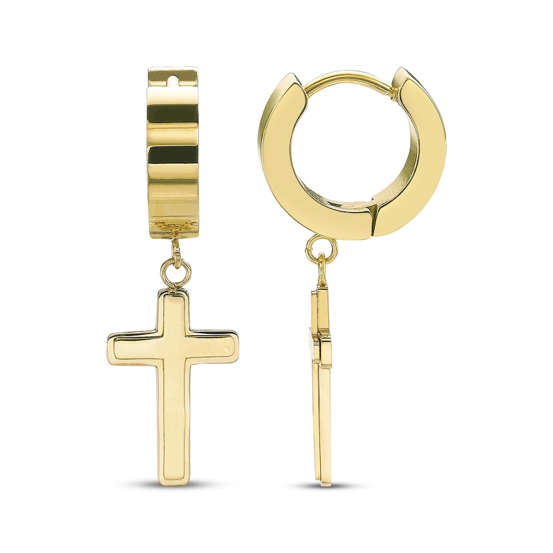 Main Image 3 of Men's Cross Dangle Huggie Hoop Earrings Yellow Ion-Plated Stainless Steel