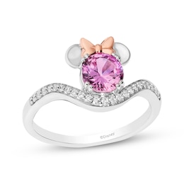 Disney Treasures Minnie Mouse Pink Lab-Created Sapphire & Diamond Ring 1/10 ct tw Sterling Silver & 14K Rose Gold Plate