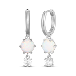 Lab-Created Opal & White Lab-Created Sapphire Hoop Drop Earrings Sterling Silver